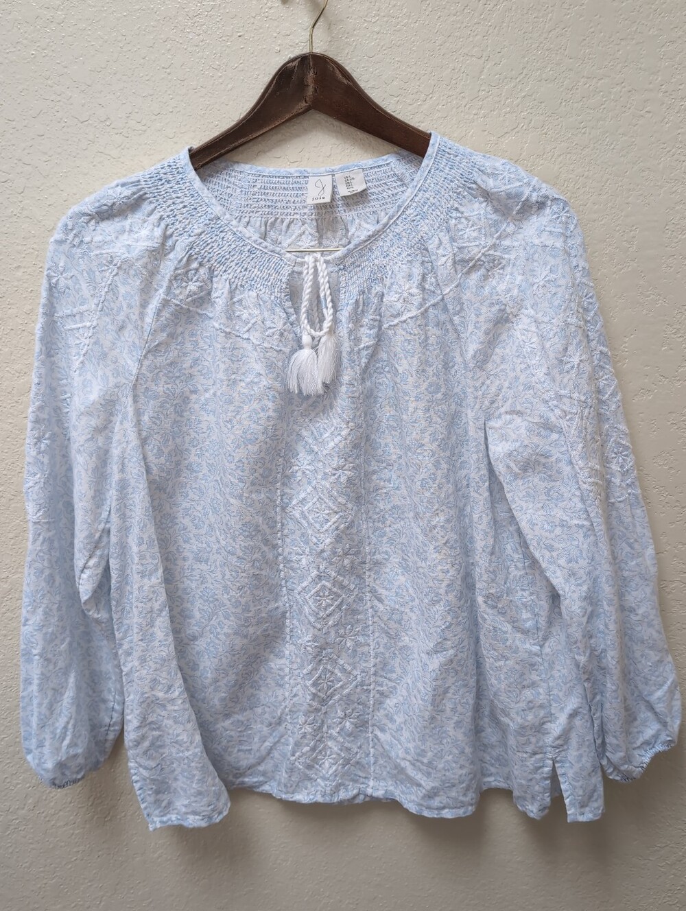 Cottage Core light Blue + White Embroidered Linen-Blend Joie Blouse. Size Large